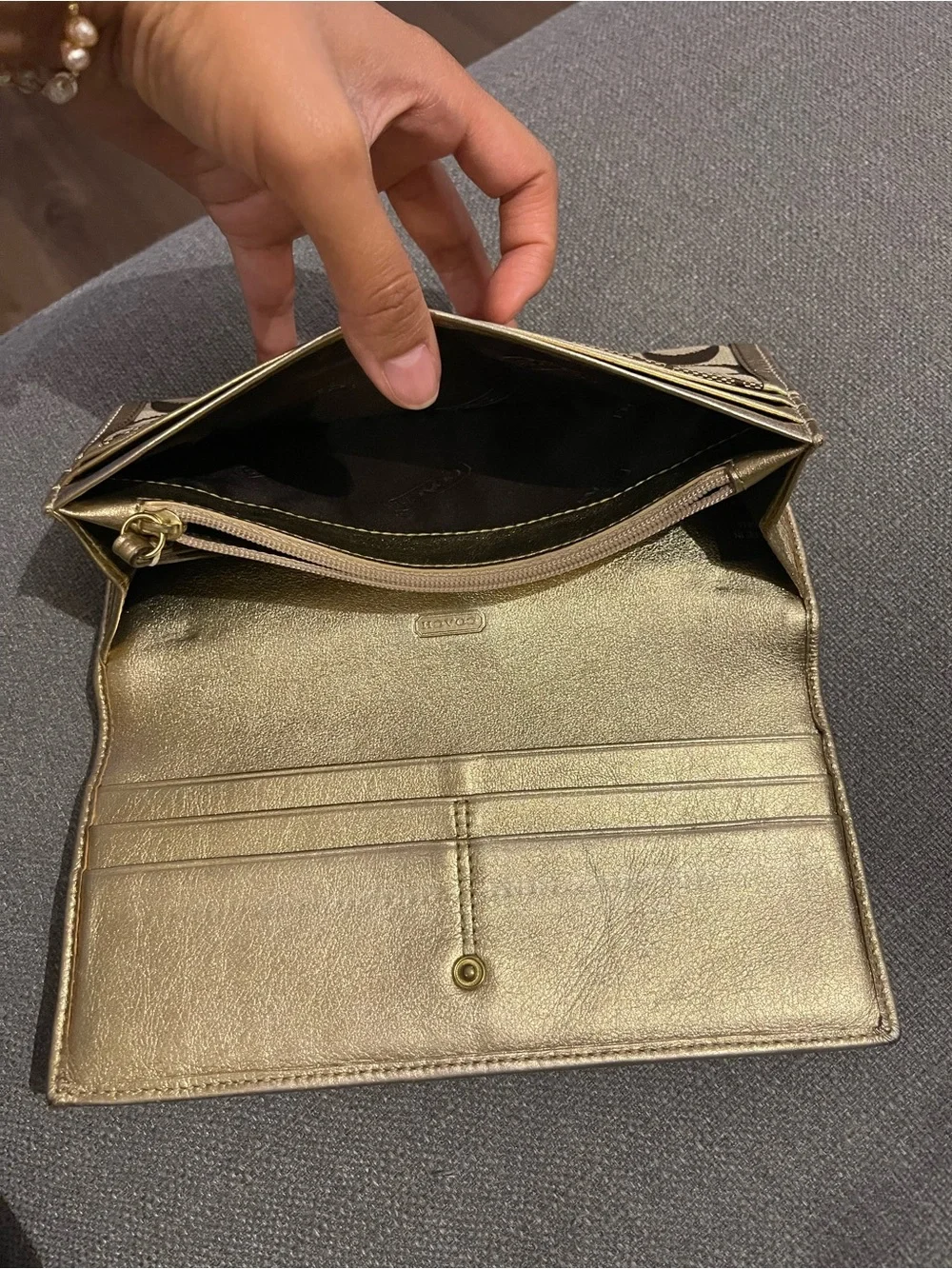 Coach Brown Signature Canvas Continental Wallet with Gold Trim